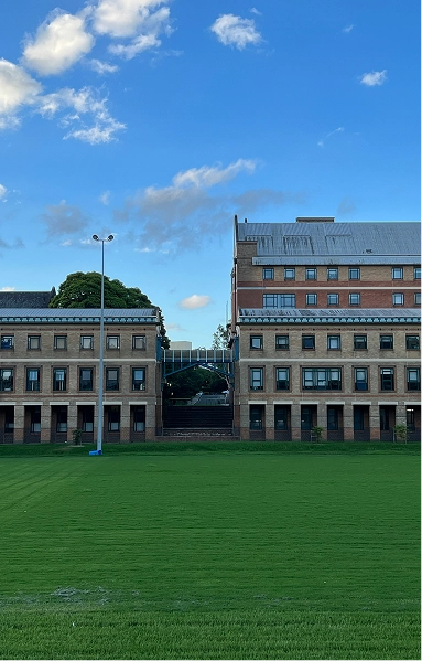 RE4ORM synthetic turf recycling &ndash; A large grassy field is in front of two connected brick buildings with several windows, under a bright blue sky and scattered clouds. A tall light pole stands on the field, reflecting the open possibilities of the RE4ORM Process.