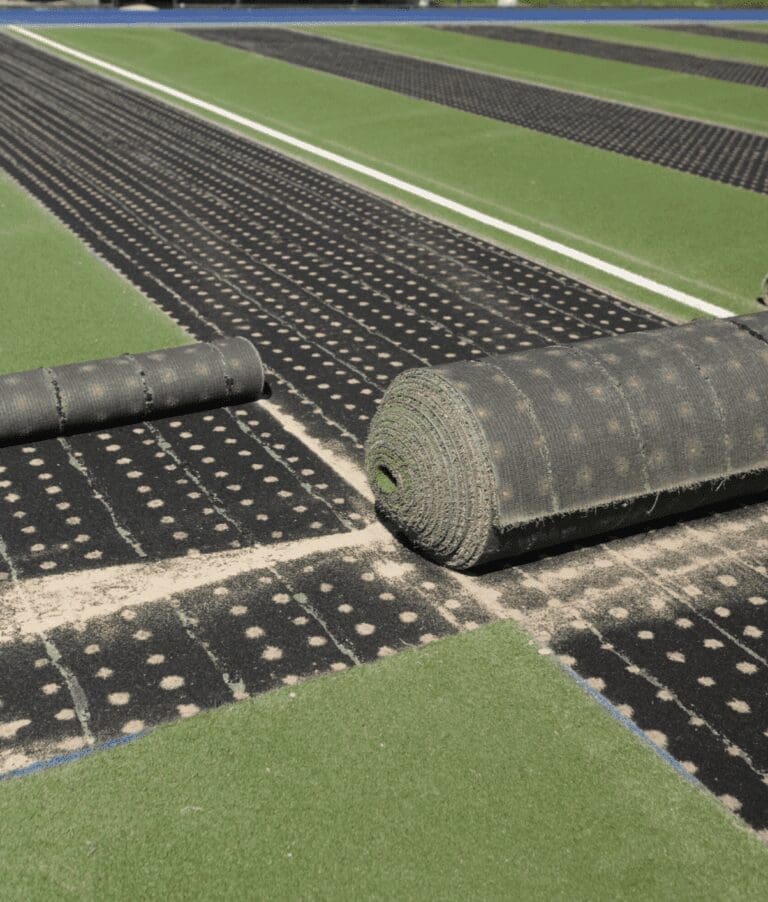 RE4ORM synthetic turf recycling – A close-up of artificial turf installation on a pitch, showing green and black layers with perforations. Rolled-up sections of turf are partially unrolled, revealing the underlayer and sandy infill. White pitch lines are visible.